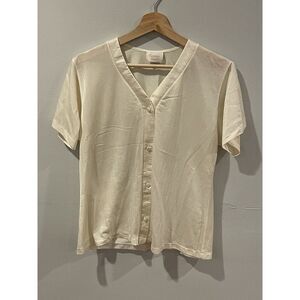 Vintage Sears Carriage Court Pajama Shirt Ivory Nylon Button Up Size XS USA Made